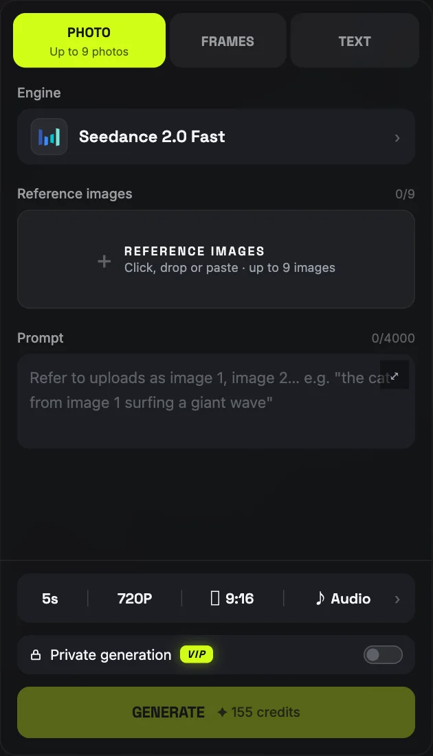 Photo mode in AI Photo Animator with engine, reference images and prompt fields