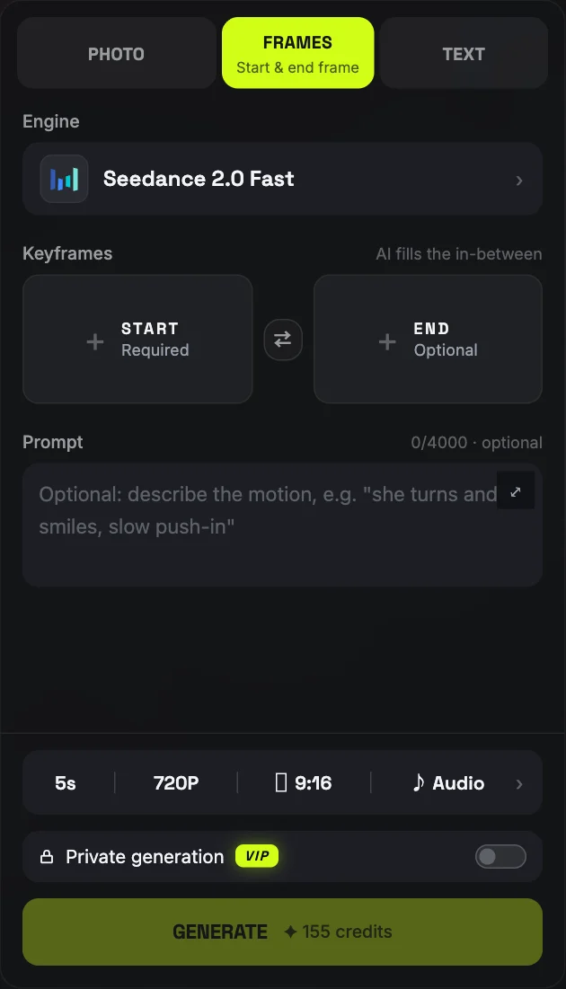 Frames mode with start frame and optional end frame upload slots