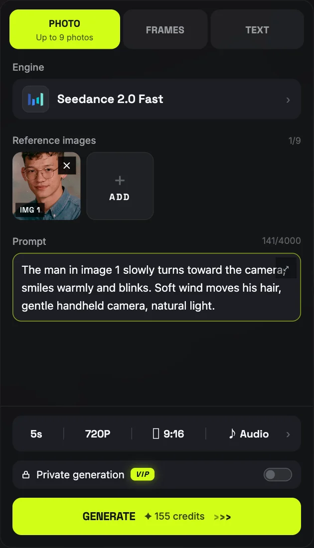 A portrait uploaded as IMG 1 with a motion prompt and the Generate button showing the credit cost