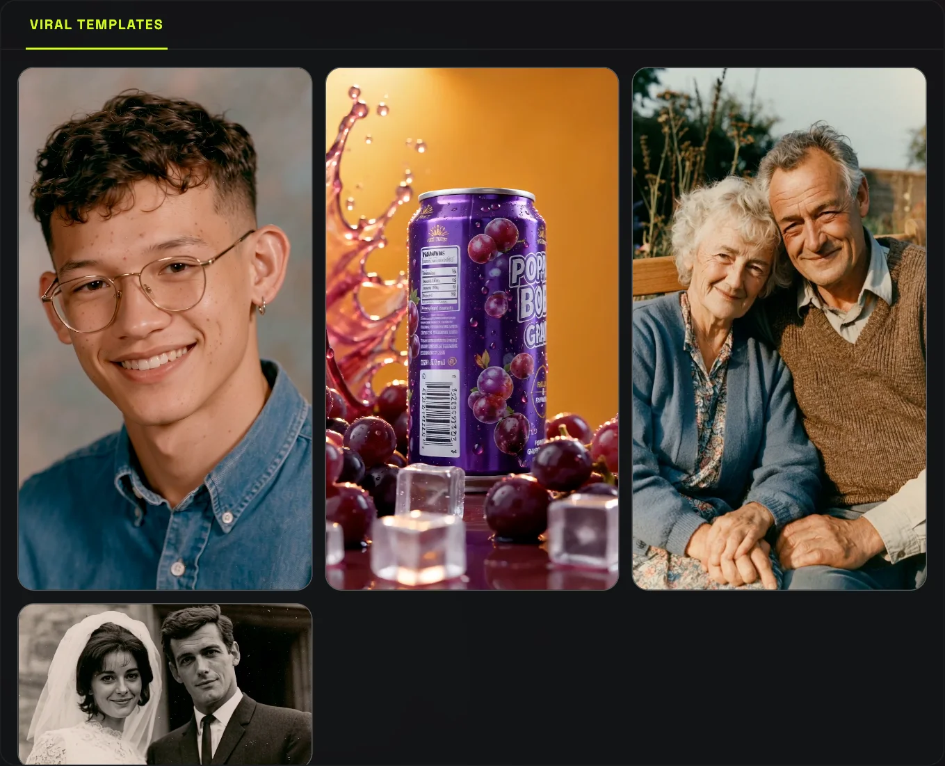 Viral templates gallery with portrait, product and elderly couple examples