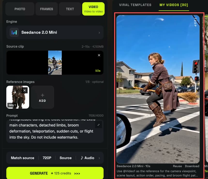 Video-to-video settings: Seedance 2.0 Mini, a 10-second broom clip, one reference photo, the prompt, 720P, 125 credits
