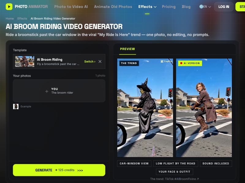 AI broom riding video generator: one photo slot on the left, the trend and the AI version side by side on the right