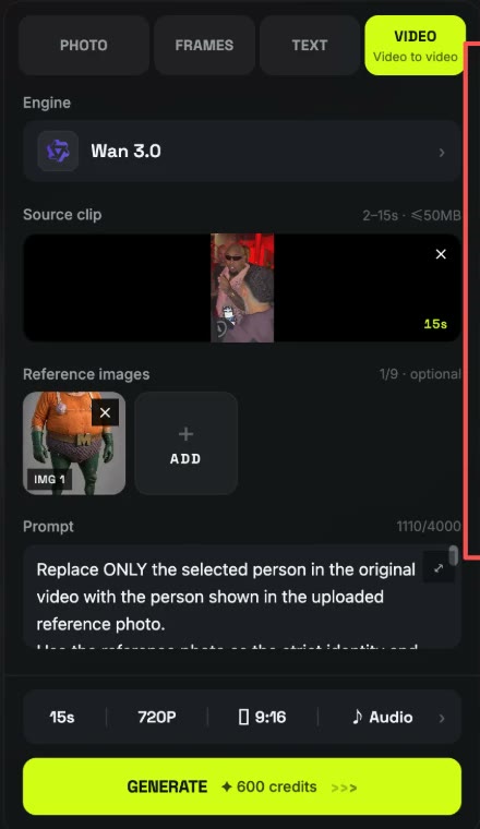 Wan 3.0 video-to-video settings for the Bulin 47 AI video: source clip, reference image, prompt, 720p 9:16 with audio