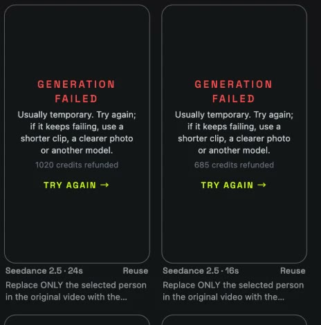 Two failed Seedance 2.5 generations of the Bulin 47 clip in My Videos, with credits refunded