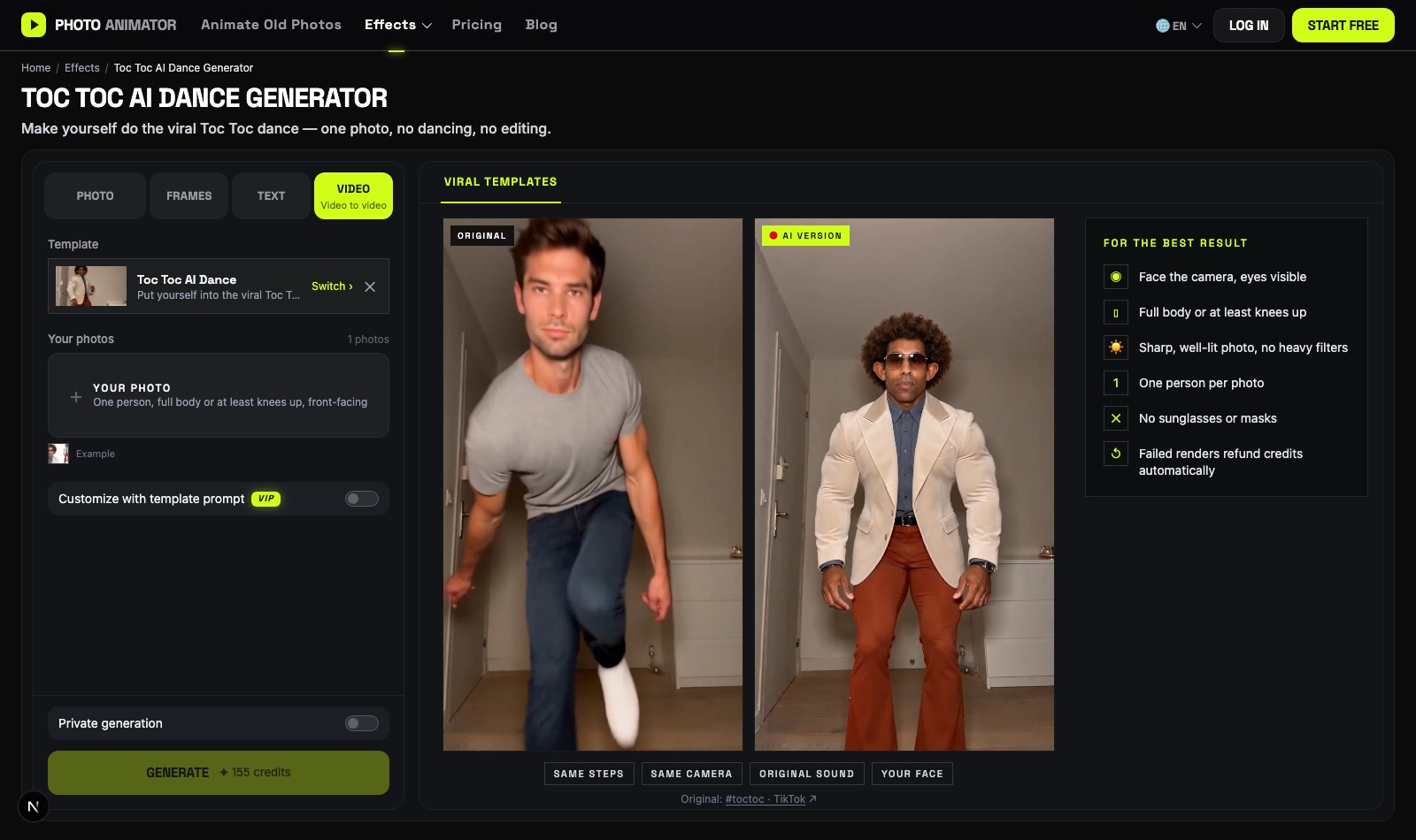 Toc Toc AI dance generator template: upload one photo on the left, original vs AI version side by side