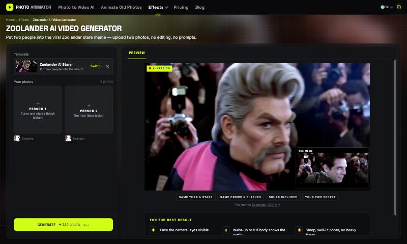Zoolander AI video generator: two photo slots on the left, AI version with the meme as picture-in-picture on the right